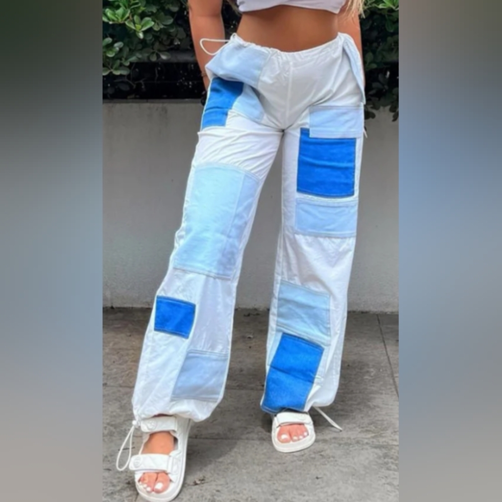 Fashion Nova Women's Patchwork Nylon Parachute Pant - White/Blue Combo Size XS